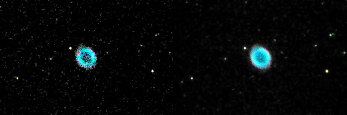 The Ring Nebula from one photo on the left and from 18 stacked photos on the right