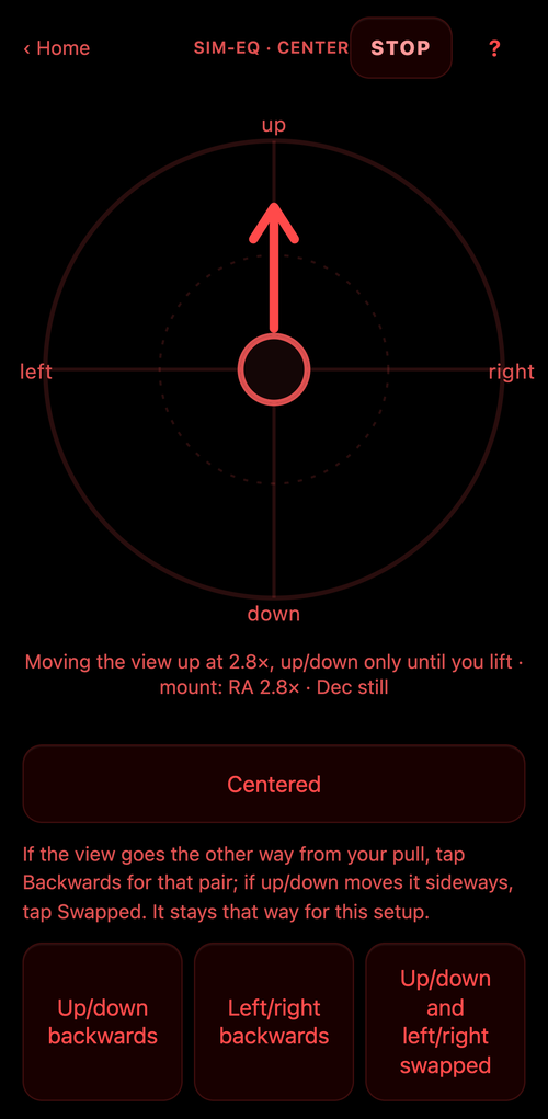 The phone showing the eyepiece as a red touchpad, mid-pull, the view moving up