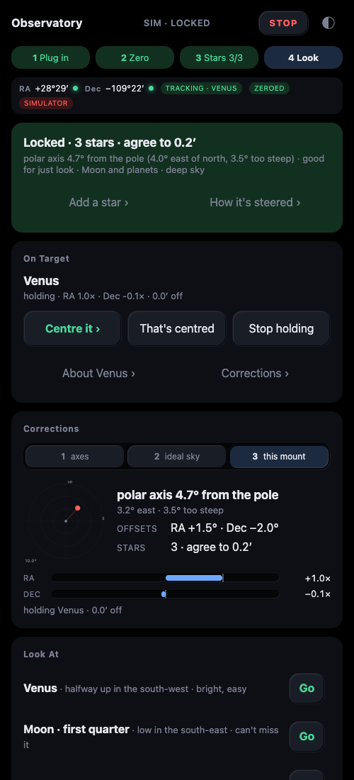 A deliberately bad set-up: the polar axis 4.7 degrees off the pole, and the corrections holding Venus anyway