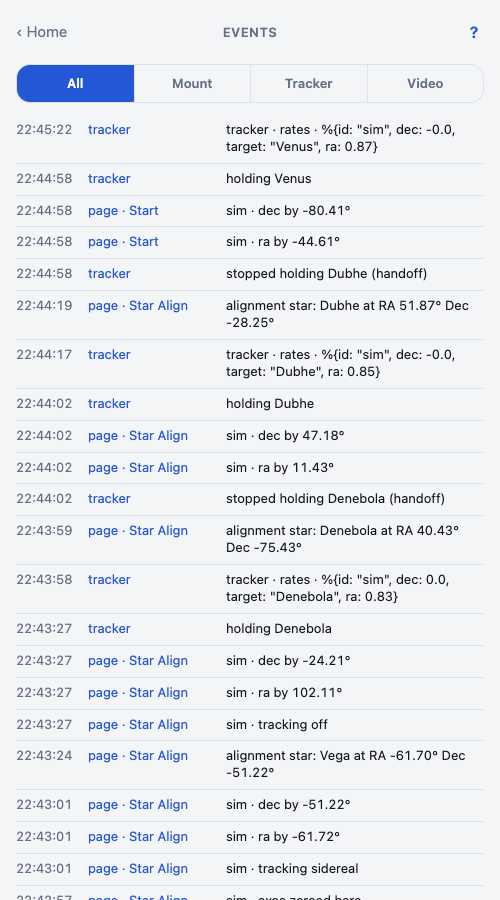 The events page: the tracker, the Start page and Star Align taking turns