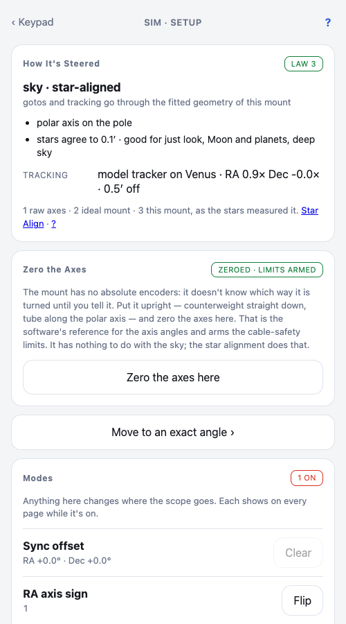 Setup showing law 3: star-aligned, the corrections in force, the tracker's rates