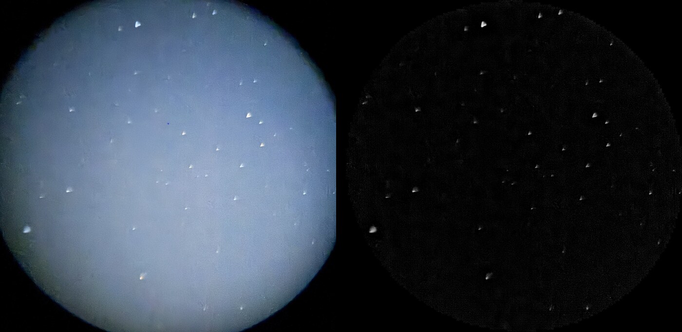 Plate two from the first night: the eyepiece full of moonlight, and the same field cleaned in Elixir down to stars on black