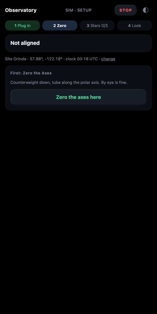 The start page, dark palette, step two: zero the axes