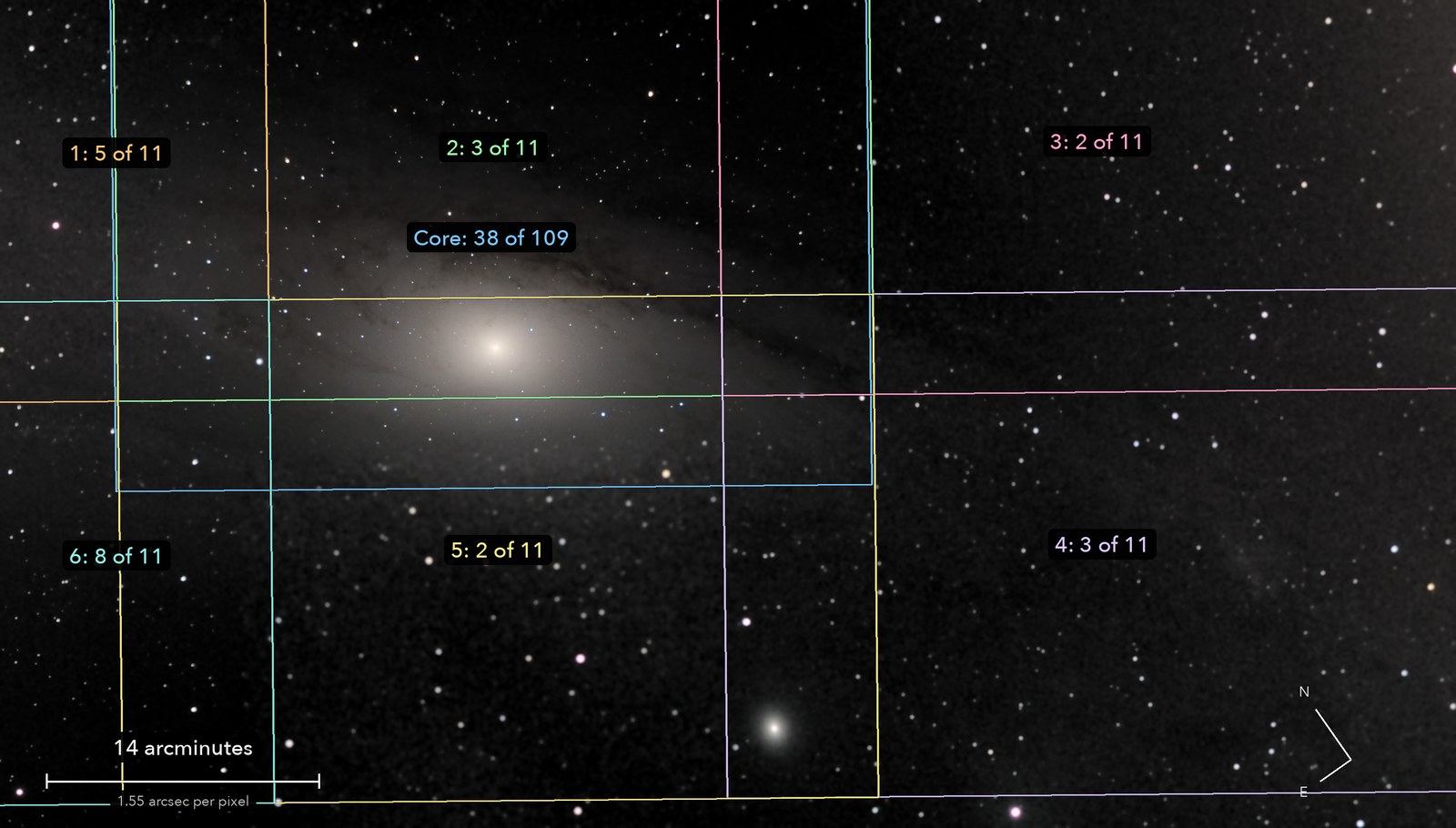 The Andromeda Galaxy: core, dust lanes and a companion, with the frames that were joined outlined