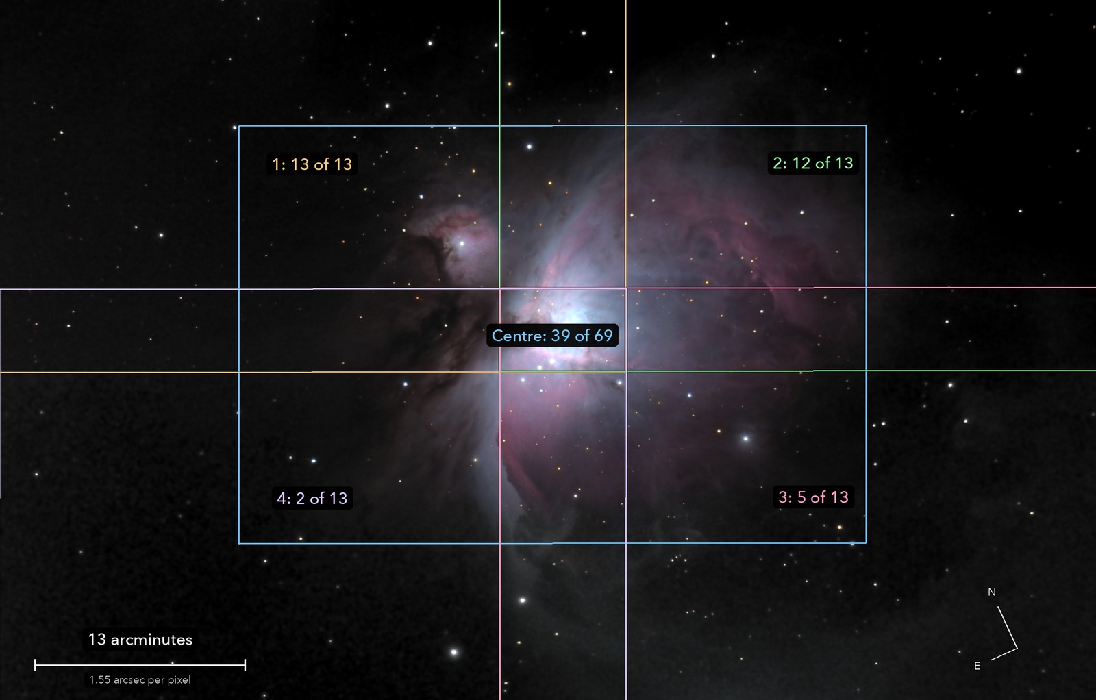 The Orion Nebula, wide, with the frames that were joined outlined