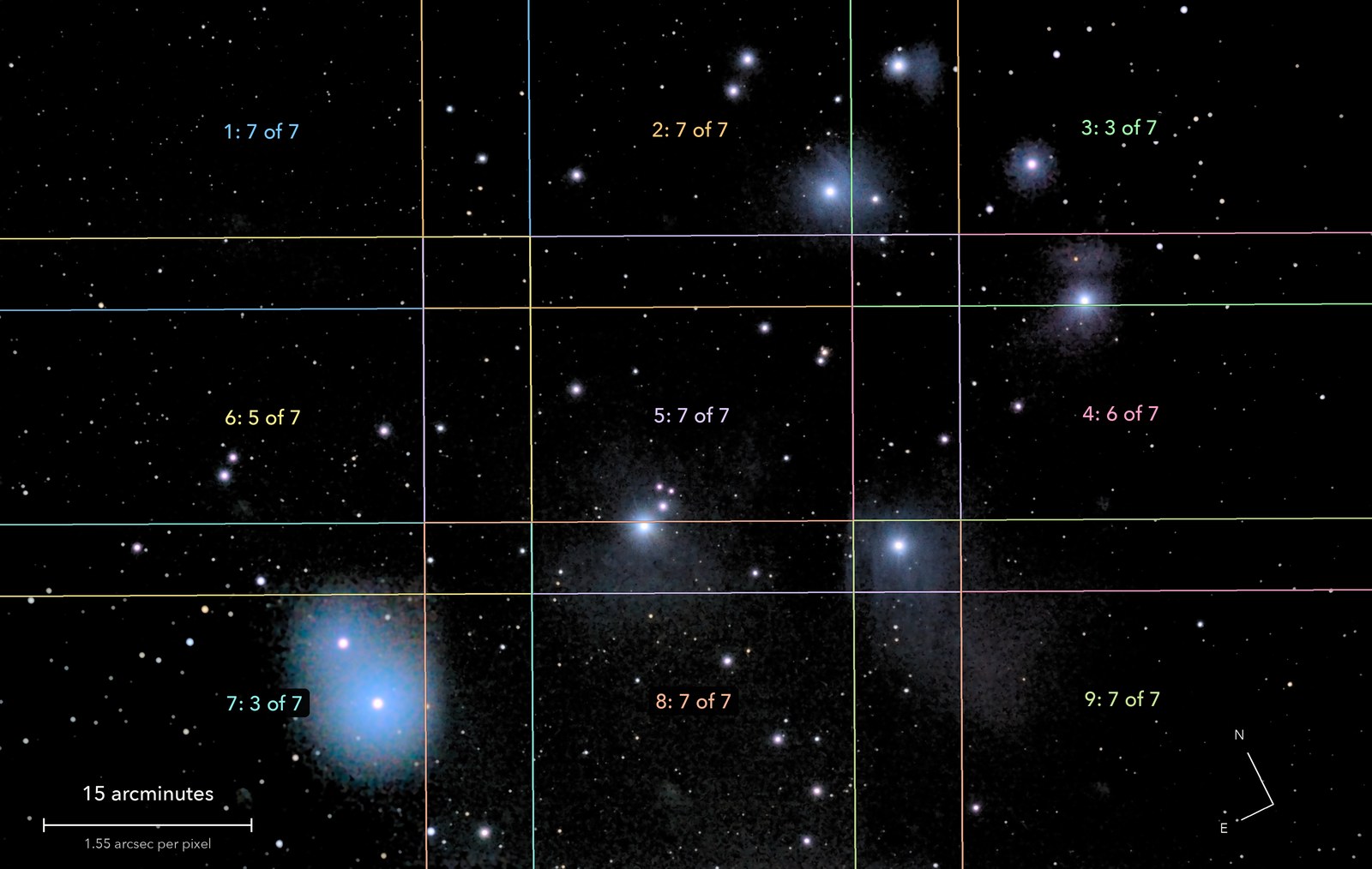 The Pleiades, with the frames that were joined outlined