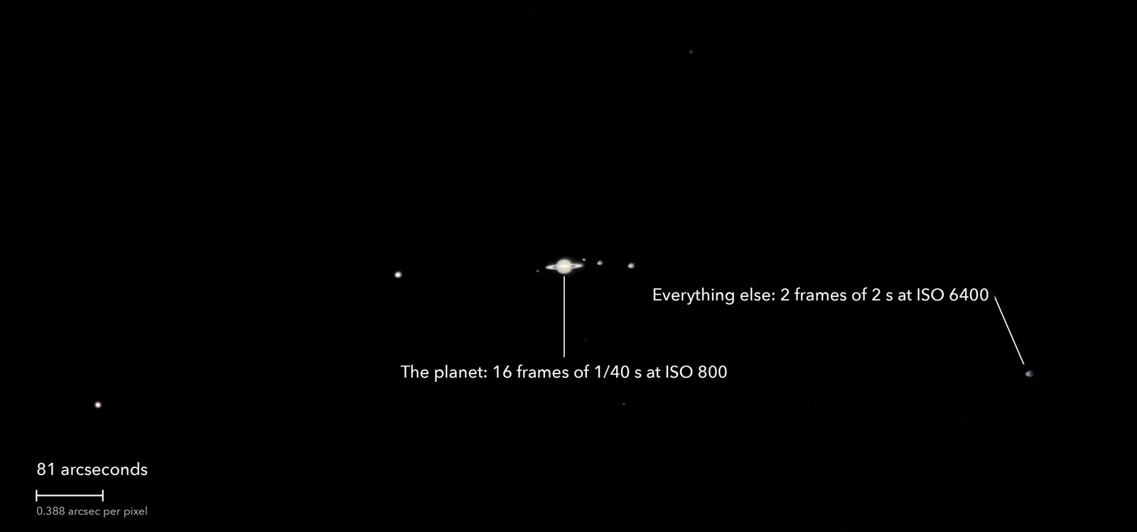 Saturn and seven of its moons, with the frames that were joined outlined